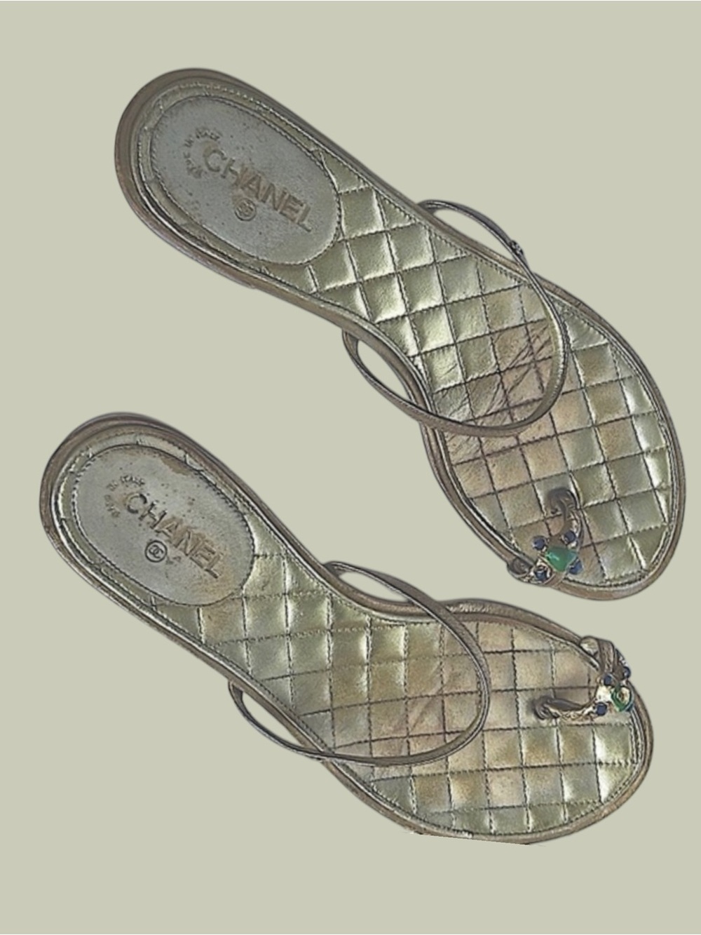 CHANEL Gold Quilted Logo Thong Sandals